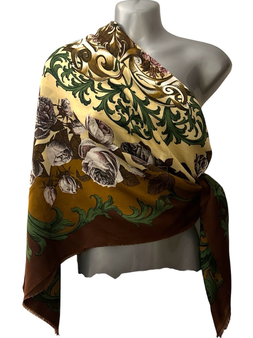 Elegant Vintage Wrap Scarf Floral in Brown, Green & Cream